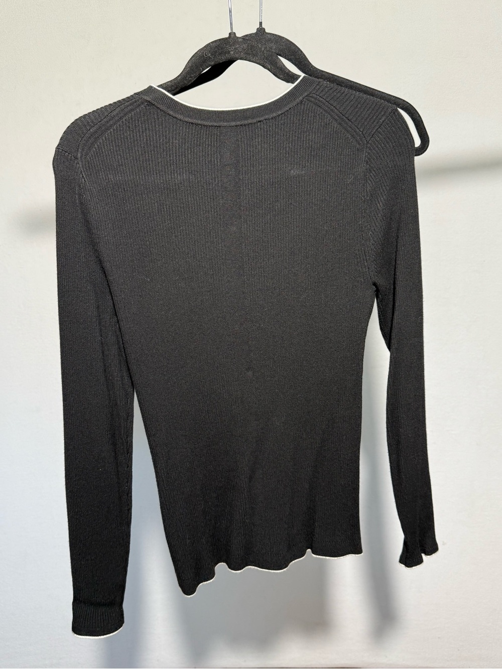White House Black Market Black Ribbed V-Neck Cardigan with White Contrast - Picture 2 of 6